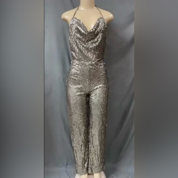 Adixion Pants - Adixion Silver Sequin Halter Jumpsuit size S